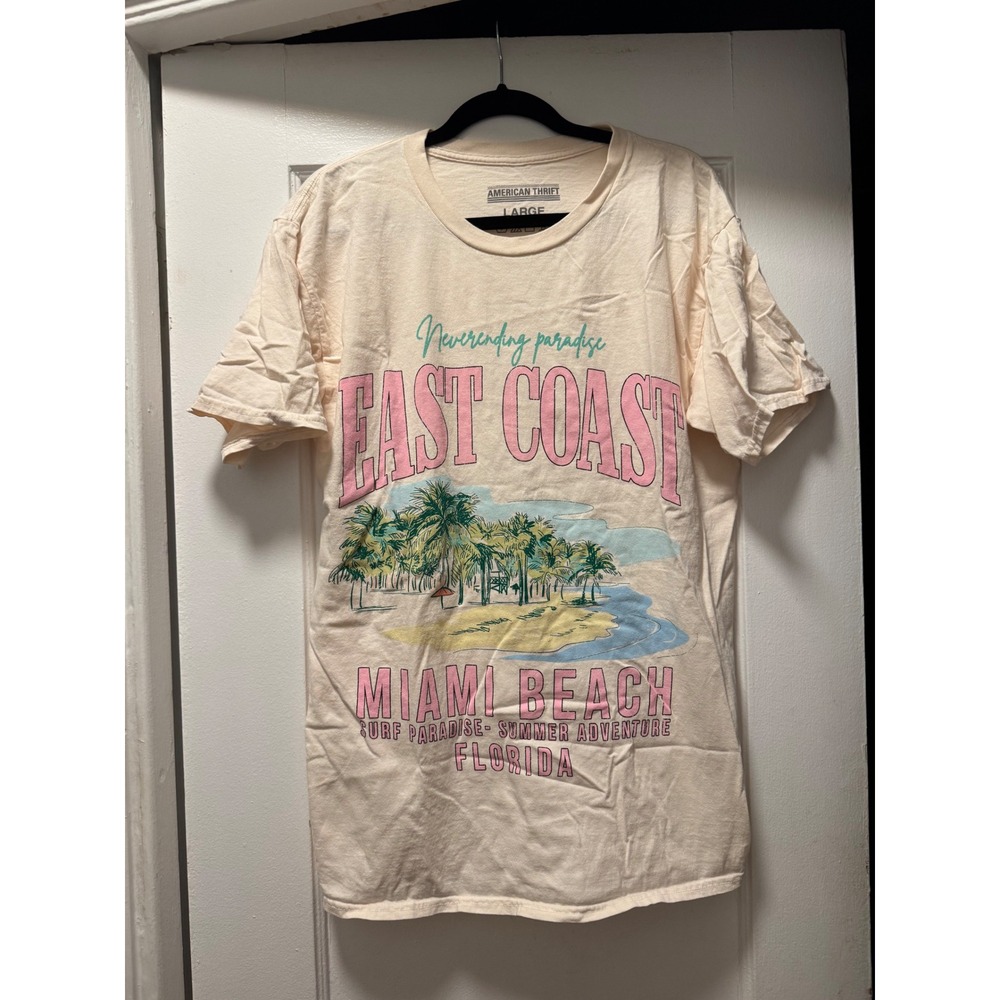 American Thrift Mens East Coast‎ Miami Beach Florida Graphic T-Shirt Cream Large